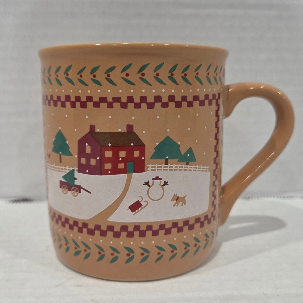 Vintage 1985 Hallmark Christmas Mug Folk Art Winter Scene Red House Japan Tan